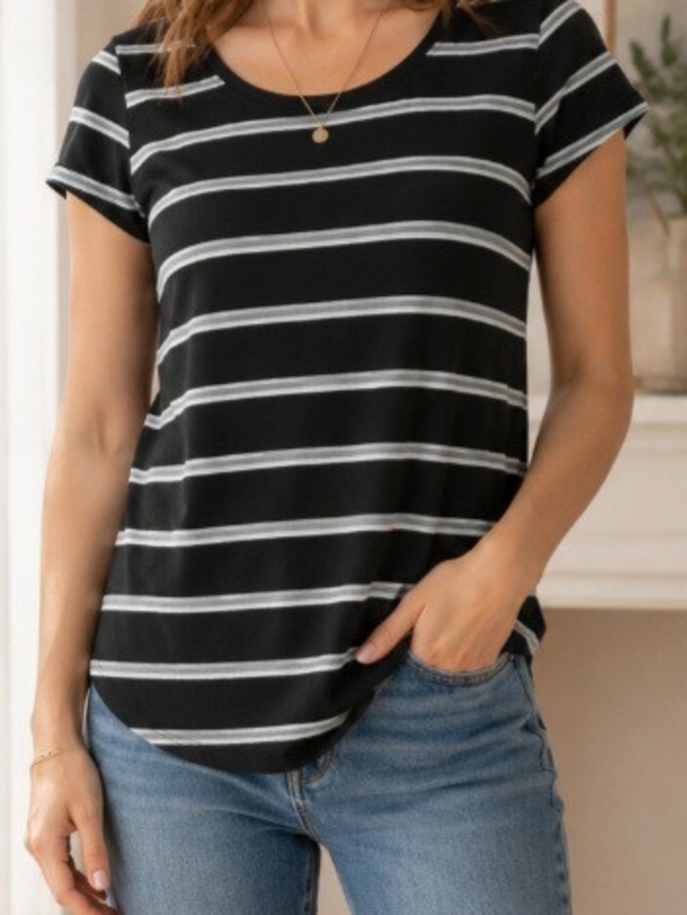 Curfew Black & White Striped Short Sleeve Tee